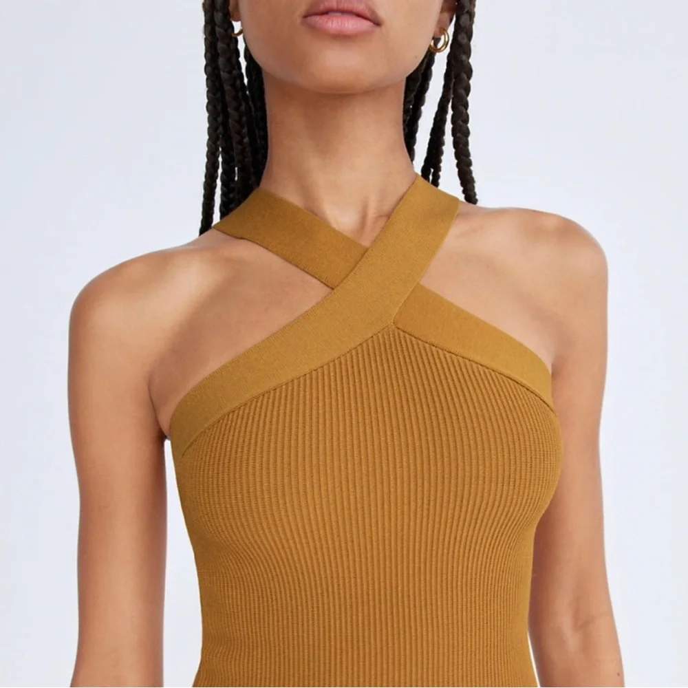 NWT Aritzia Babaton Ribbed Sculpt Knit Mini Dress Dark Mustard Sz S $110 - Picture 2 of 6